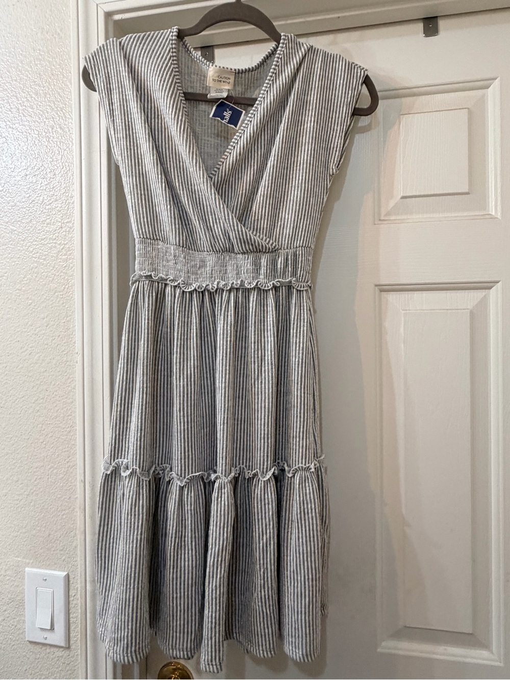 Caution To The Wind Gray & White Striped Tiered Midi Dress